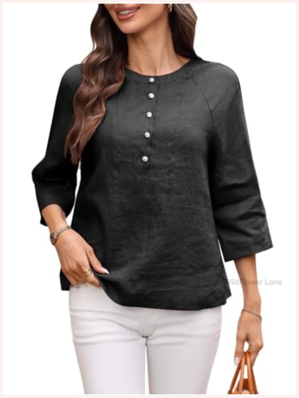 100% Linen Henley Top 3/4 Sleeve Button Up Crewneck Casual Blouse